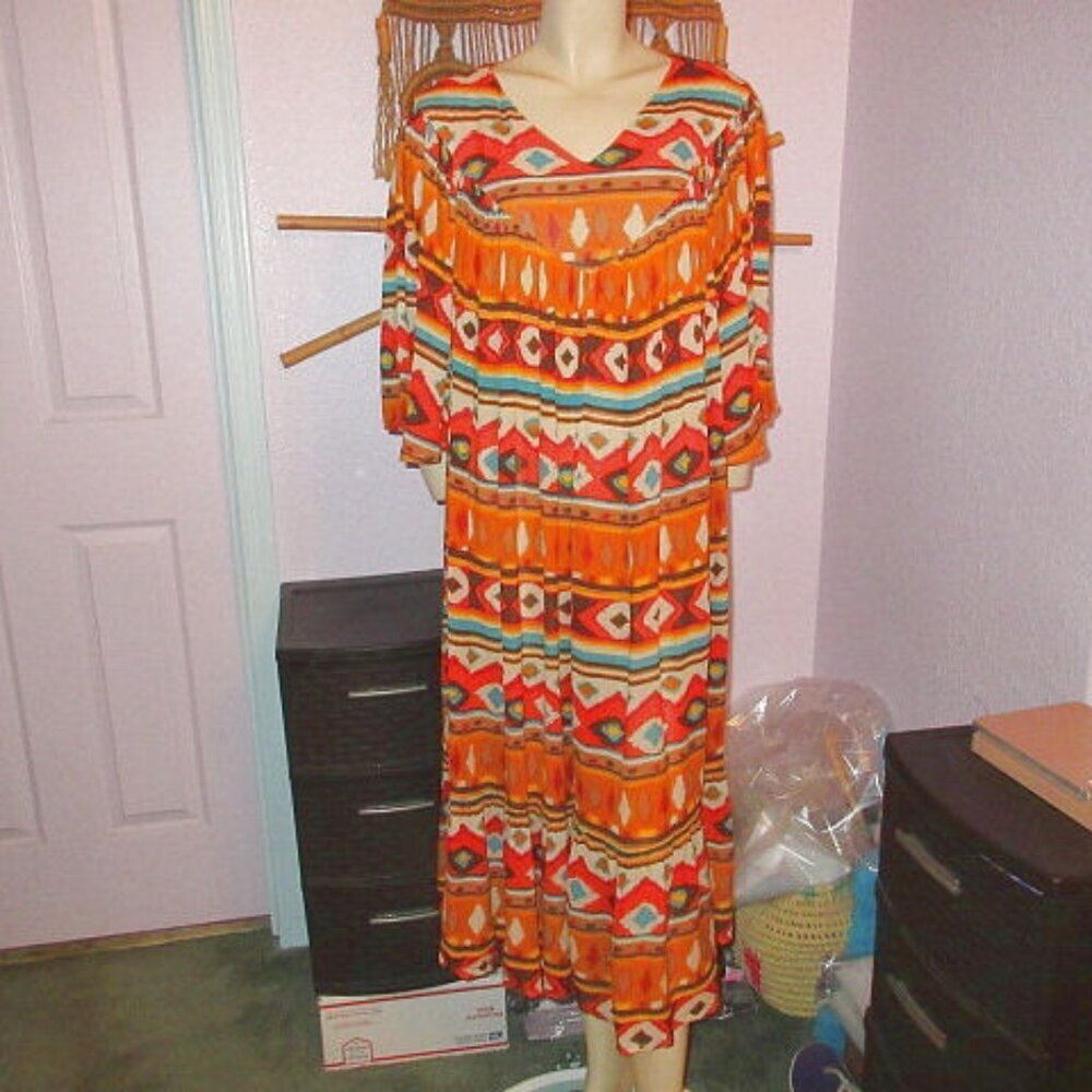 Go Softly Patio Dress XL Tiered Pockets Midi Ruffle Southwestern Aztec Boho EUC